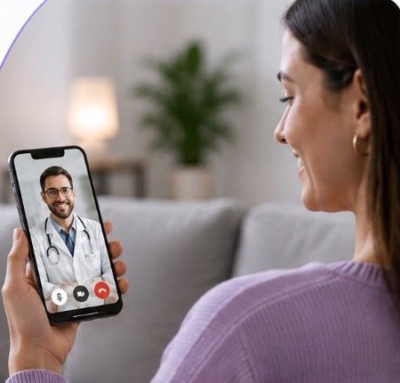 Mulher em teleconsulta por vídeo com médico pelo celular